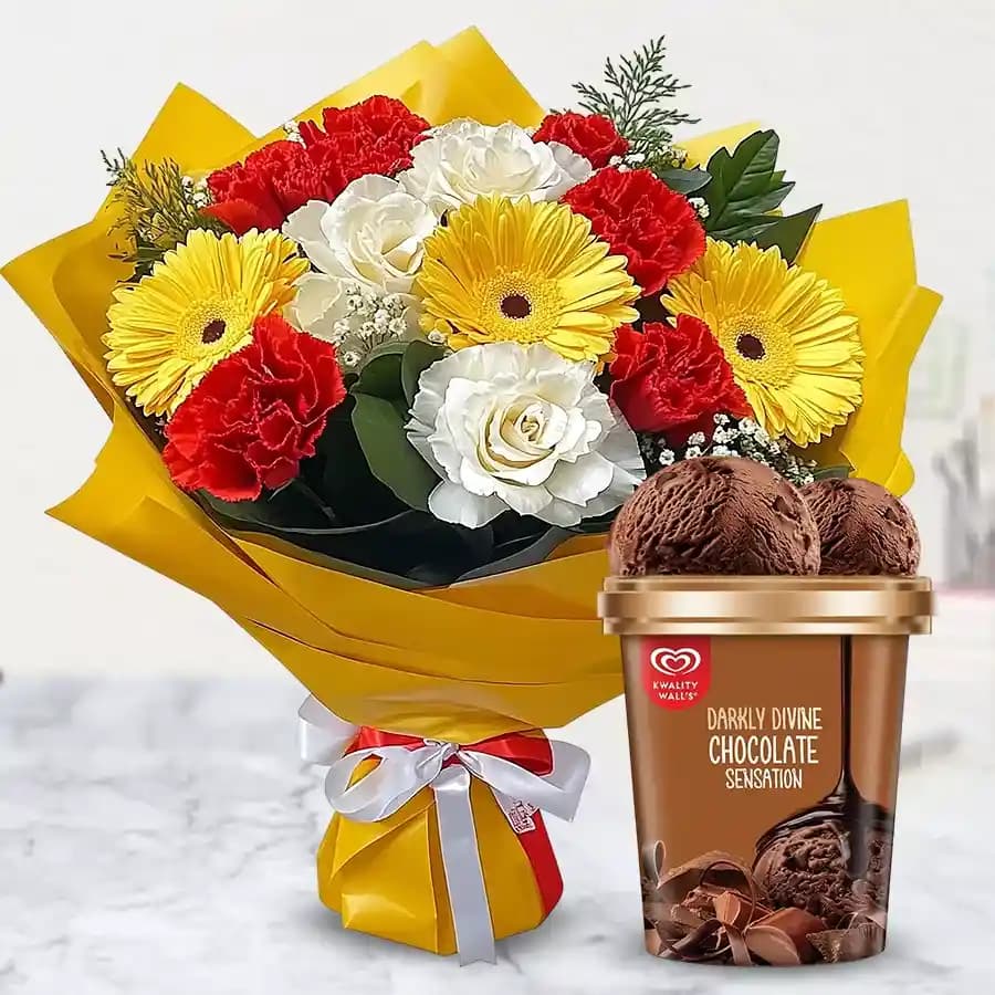 Exotic Mixed Flower Arrangement with Chocolate Ice-Cream from Kwality Walls