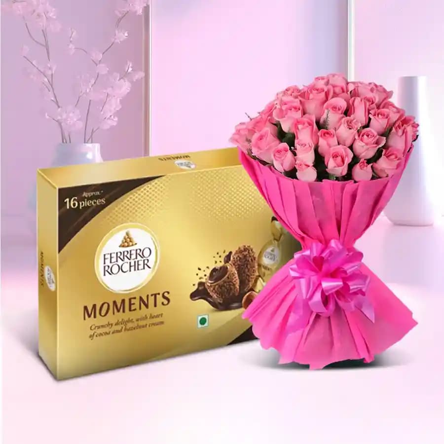 Elegant Pink Roses Bouquet with Ferrero Rocher Moment Chocolate Box
