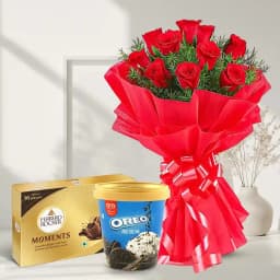 Exotic Red Roses with Kwality Walls Ice Cream N Ferrero Rocher Moments 1