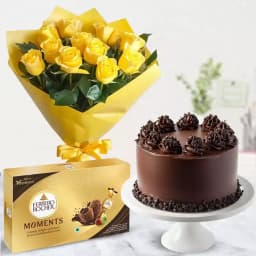 Yummy Chocolate Cake N Yellow Rose Bouquet with Ferrero Rocher Moments 1