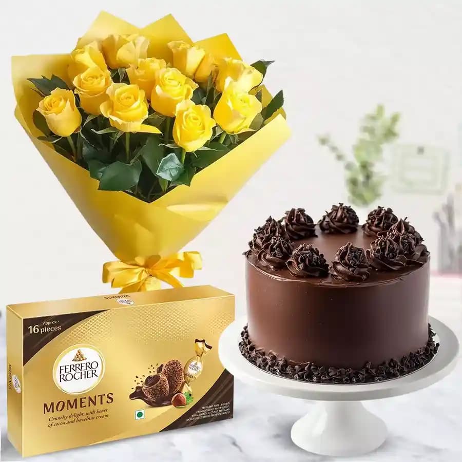 Yummy Chocolate Cake N Yellow Rose Bouquet with Ferrero Rocher Moments