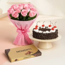 Yummy Black Forest Cake with Pink Roses N Ferrero Rocher Moments 1