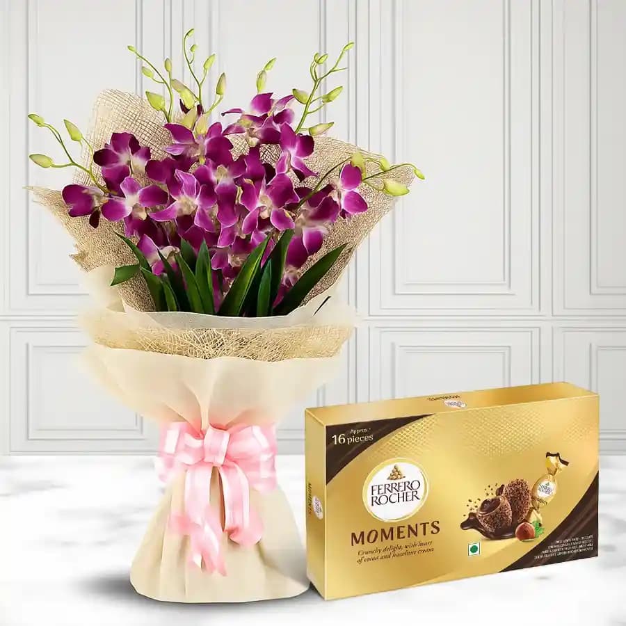 Gorgeous Bunch of Orchids with Ferrero Rocher Moment Chocolate Box