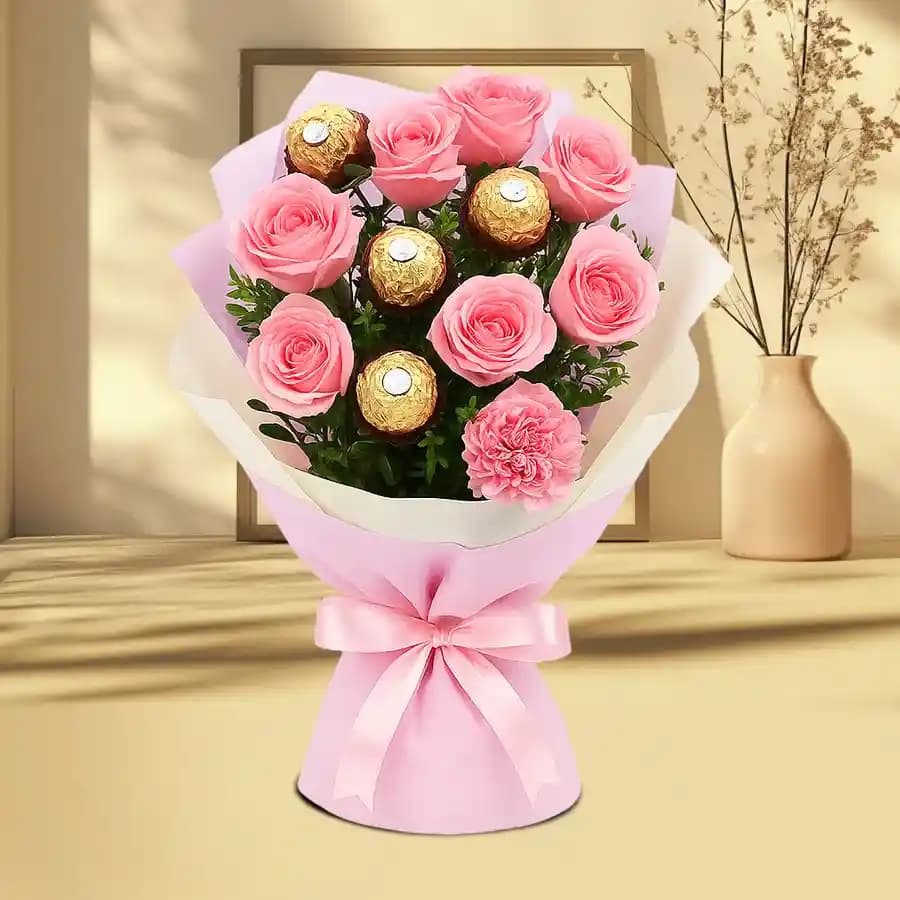Amazing Bouquet of Ferrero Rocher with Pink Roses