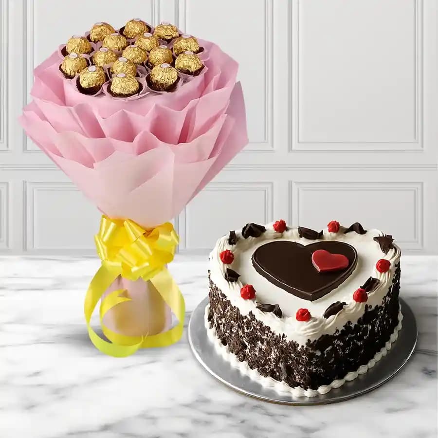 Remarkable Ferrero Rocher Bouquet with Black Forest Love Cake
