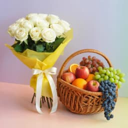 Deeply Missed White Roses Bouquet with Fresh Fruits 1