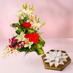 Bikanervala Kaju Katli Delicacy with Flower Bouquet 1