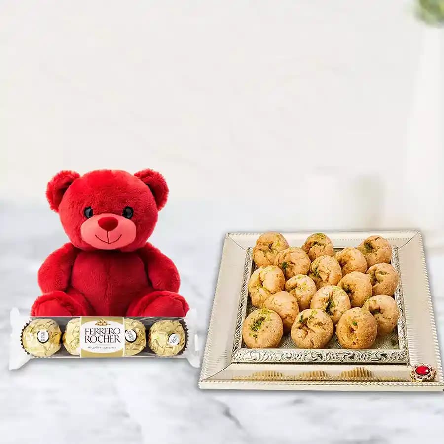 Sweet Moments: Balushahi Delight with Cuddly Companion