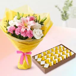 Exquisite Kaju Kesar Delight with Flower Arrangement 1