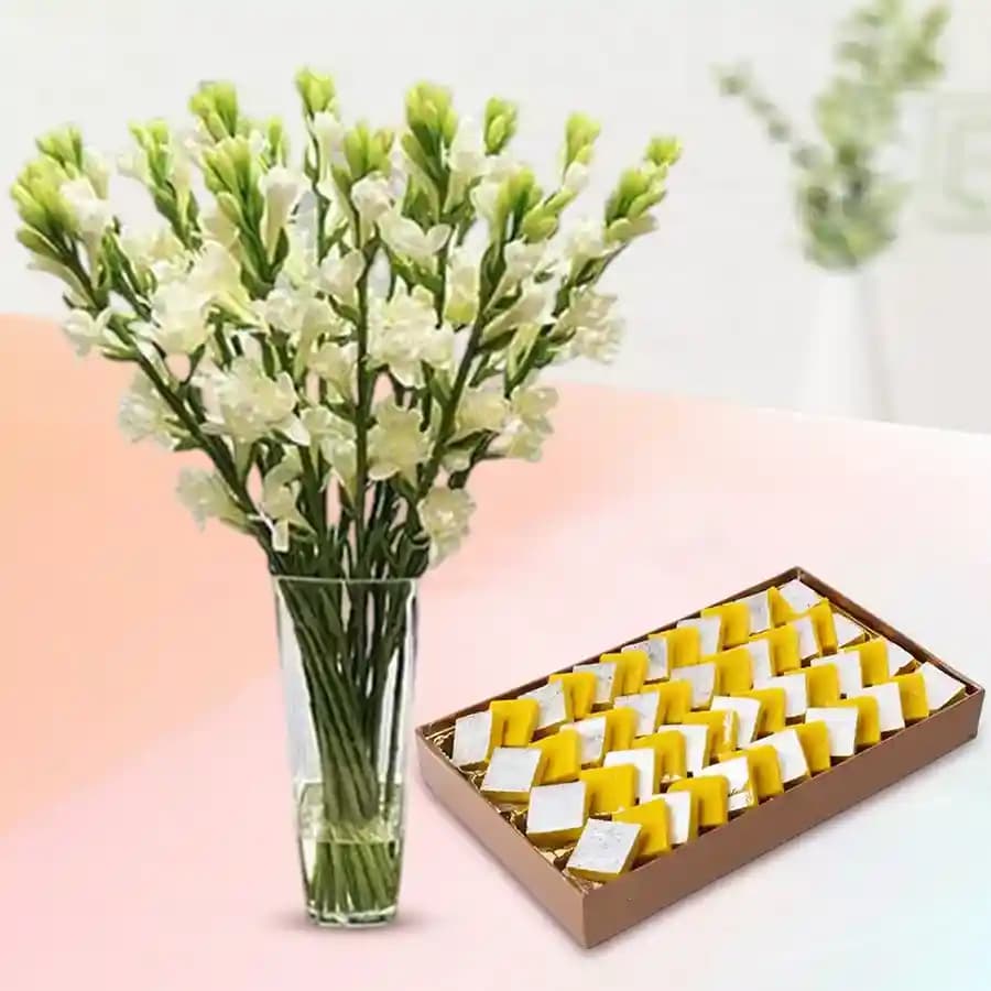 Golden Delight: Kesar Kaju Katli in Elegant Glass