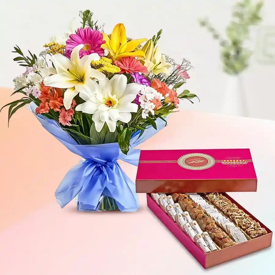 Golden Star Mix Mithai from Bikanerwala with Seasonal Flower Bouquet