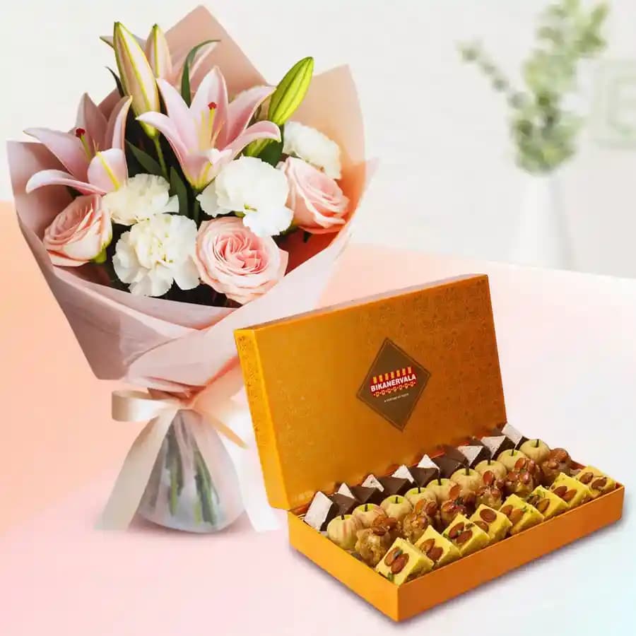 Golden Star Mix Mithai from Bikanerwala with Flowers Bouquet