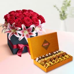 Golden Star Mix Mithai from Bikanerwala with Designer Flower Arrangement 1