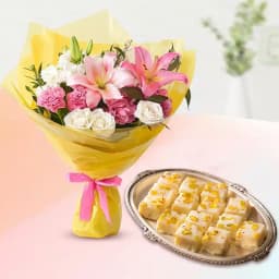 Malai Barfi with Seasonal Flower Bouquet 1