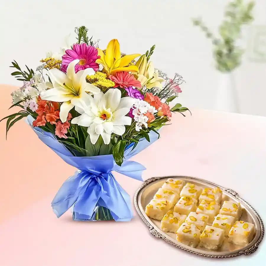 Malai Barfi with Mixed Flower Arrangement