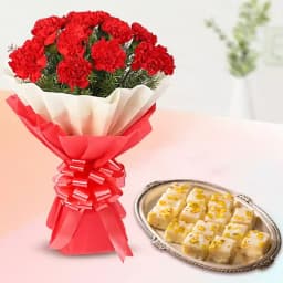 Malai Barfi with Red Carnation Tissue Wrapped Bouquet 1