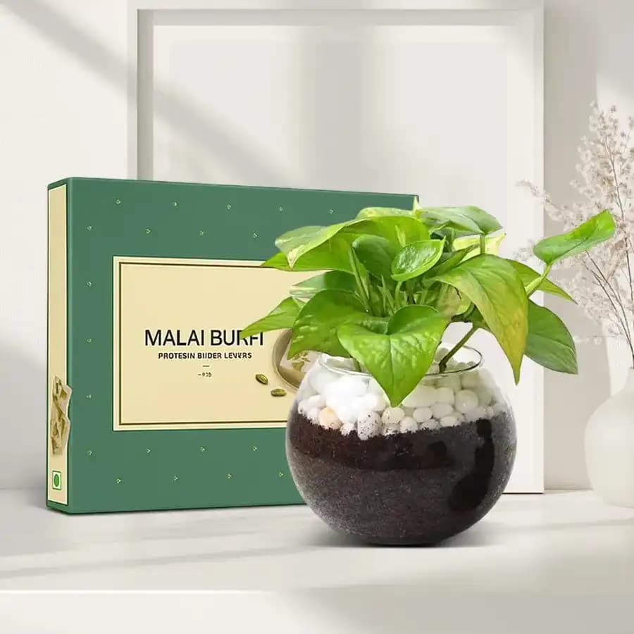 Malai Barfi with a Money Plant in Glass Pot