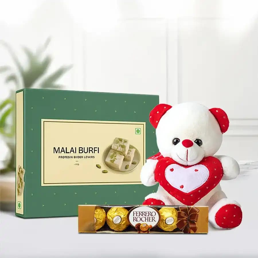 Malai Barfi with Teddy N Ferrero Rocher Chocolate Pack