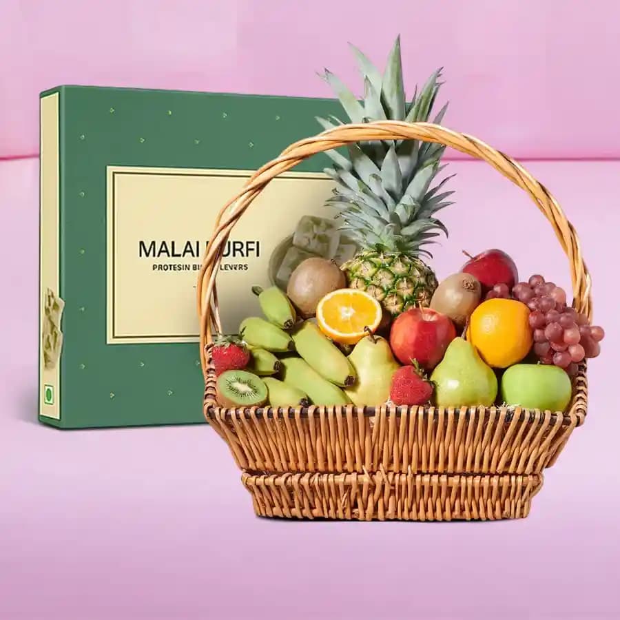 Malai Barfi with Fresh Fruit Basket