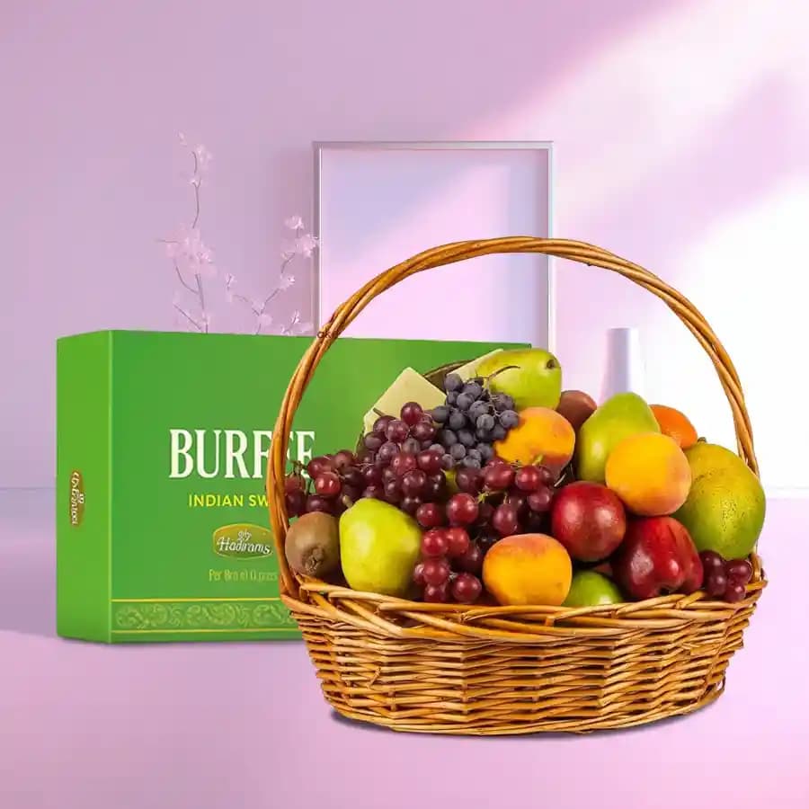 Malai Barfi with Fresh Fruit Basket