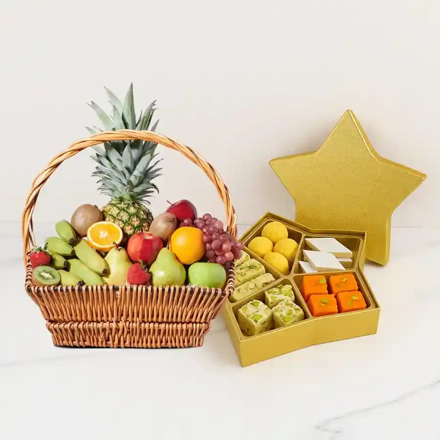 Golden Star Mix Mithai from Bikanerwala with Fresh Fruit Basket