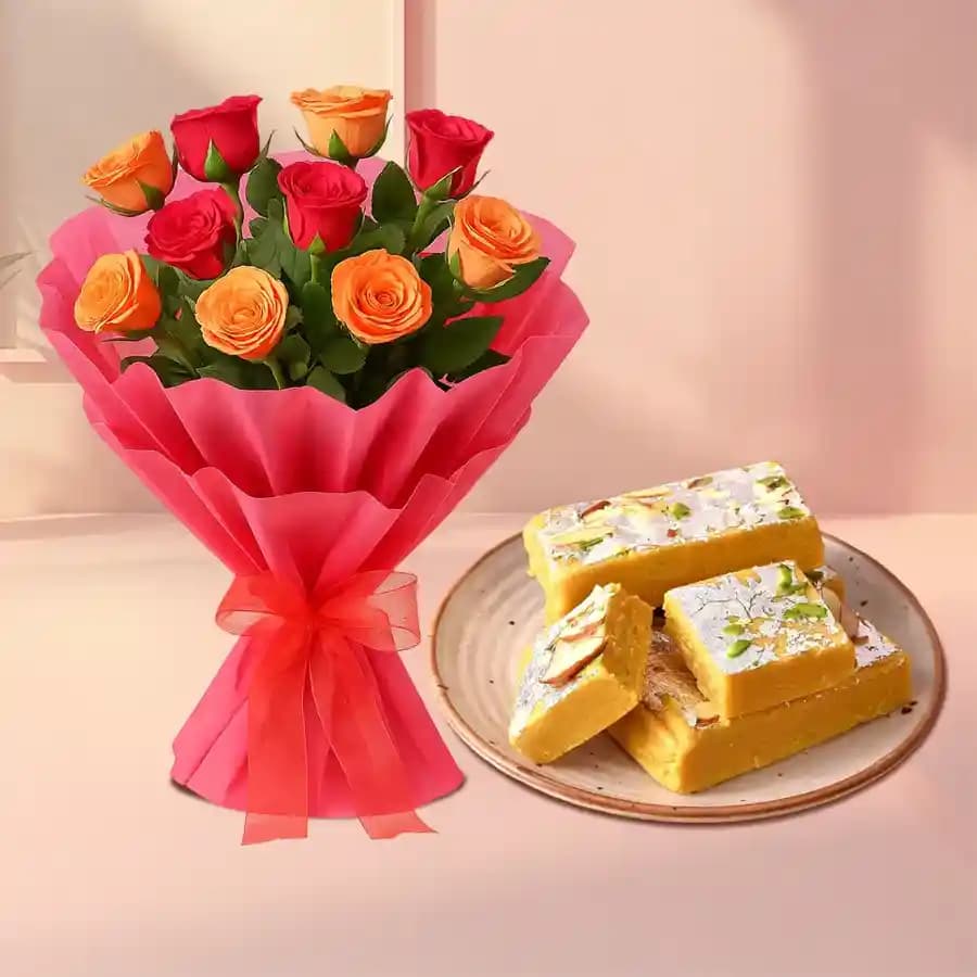 Bikanervala Mewa Bite Orange with Pink Rose Bouquet