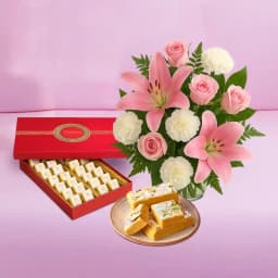 Bikanervala Mewa Bite Orange with Mixed Flower Arrangement 1