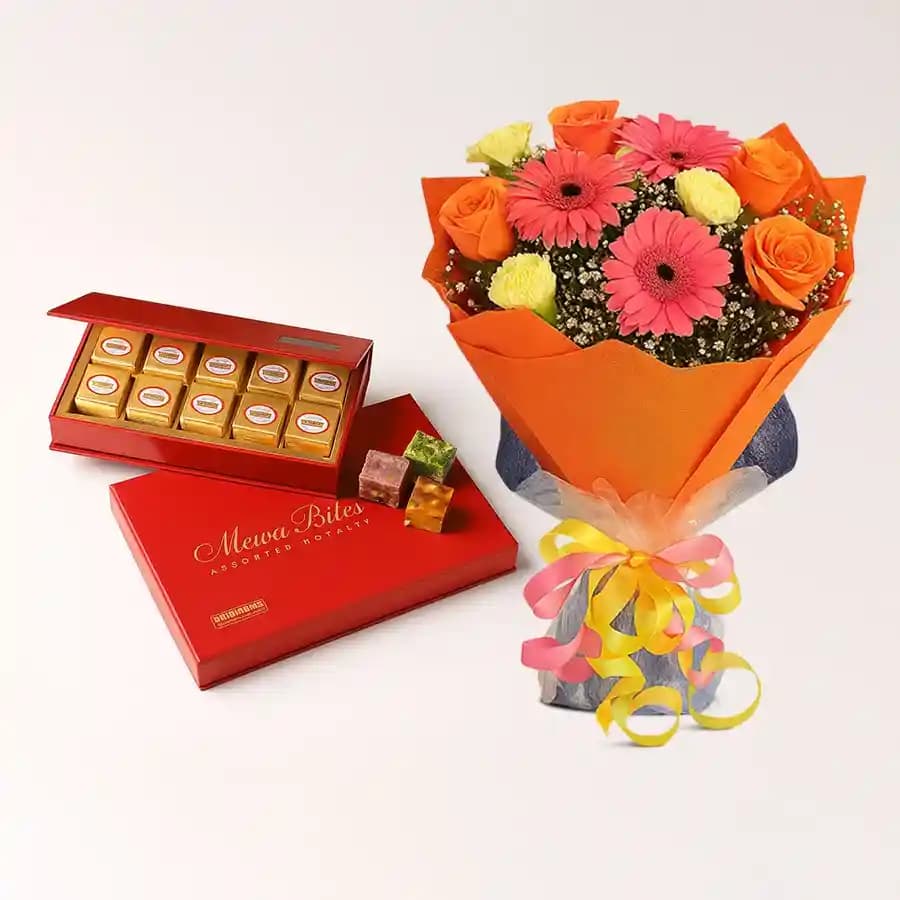 Bikanervala Mewa Bite Orange with mixed Flowers Bouquet
