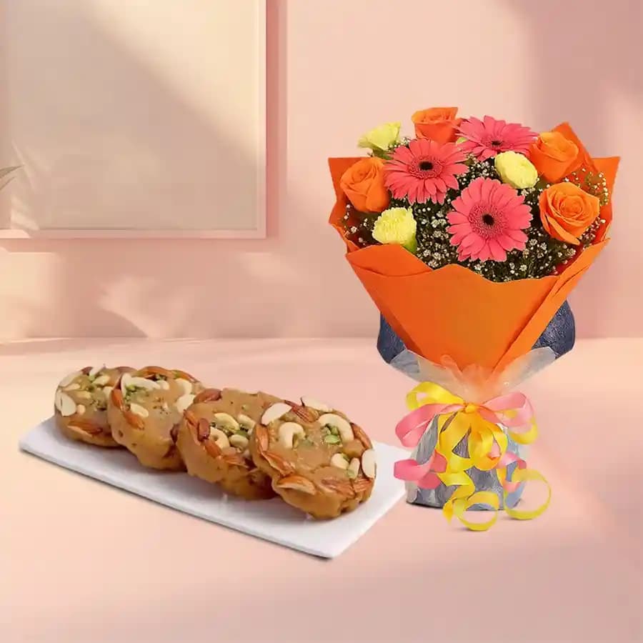 Bikanervala Halwa Sohan with Seasonal Flower Bouquet
