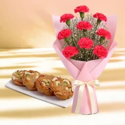 Bikanervala Halwa Sohan with Red Carnation Bouquet 1