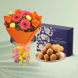 Besan Ladoo with Seasonal Flower Bouquet 1