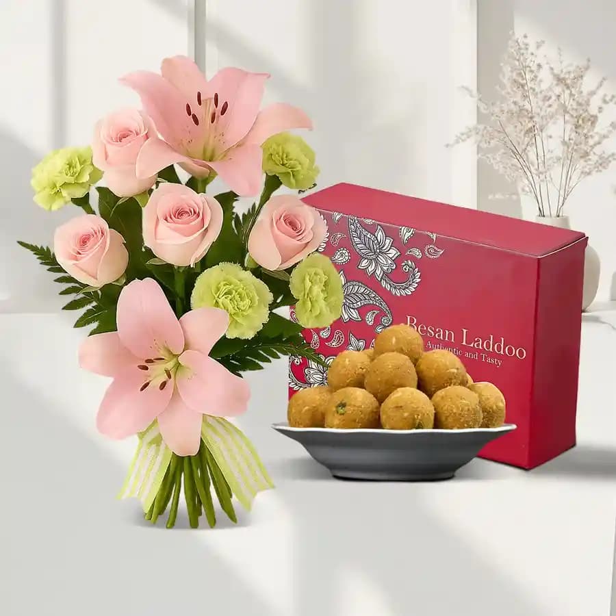 Besan Ladoo with Flowers Bouquet