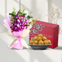 Besan Ladoo with Orchid Bouquet 1