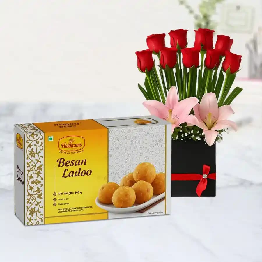 Besan Ladoo with Designer Flower Arrangement
