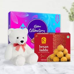 Besan Ladoo with Teddy N Cadbury Celebration Chocolate Pack 1