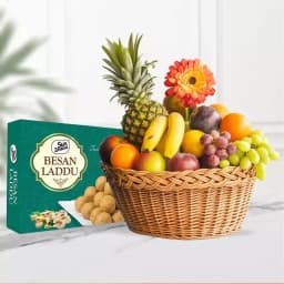 Besan Ladoo with Fresh Fruit Basket 1