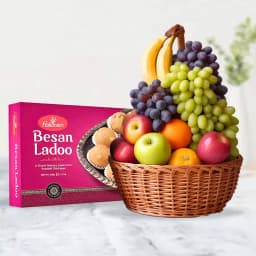 Besan Ladoo with Fresh Fruit Basket 1