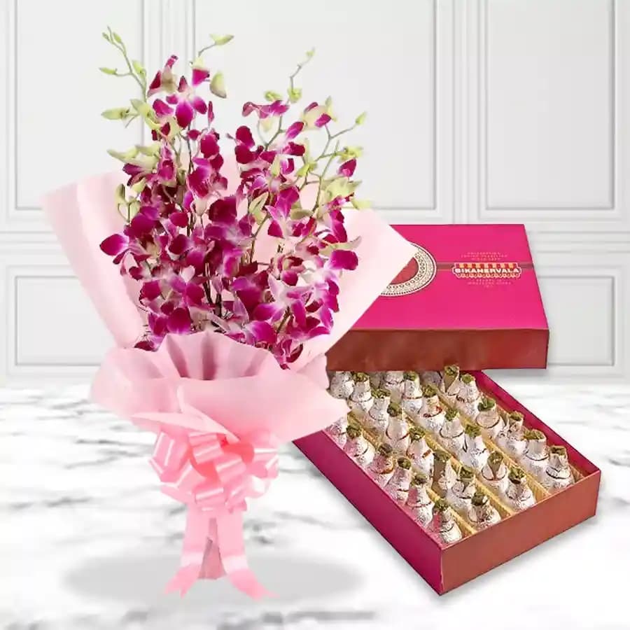 Bikanervala Kaju Kalash with Orchid Bouquet