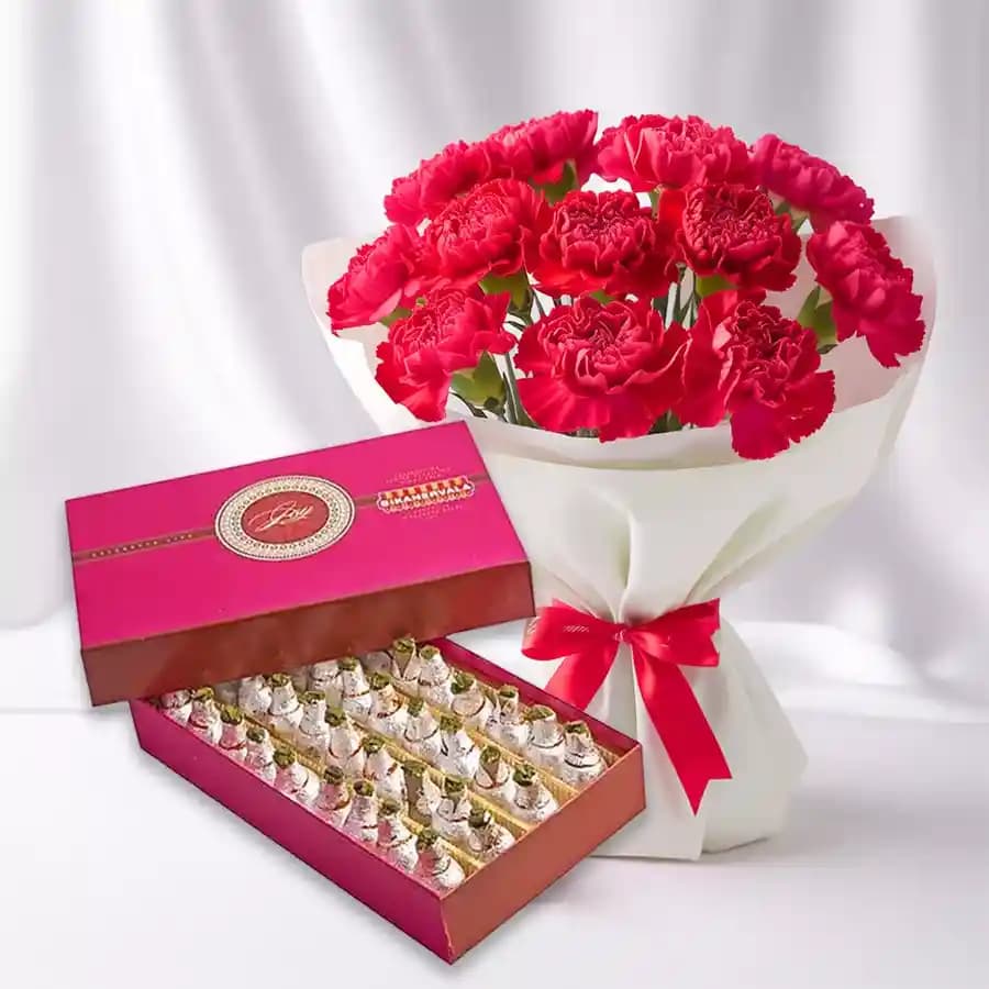 Bikanervala Kaju Kalash with Red Carnation Bouquet