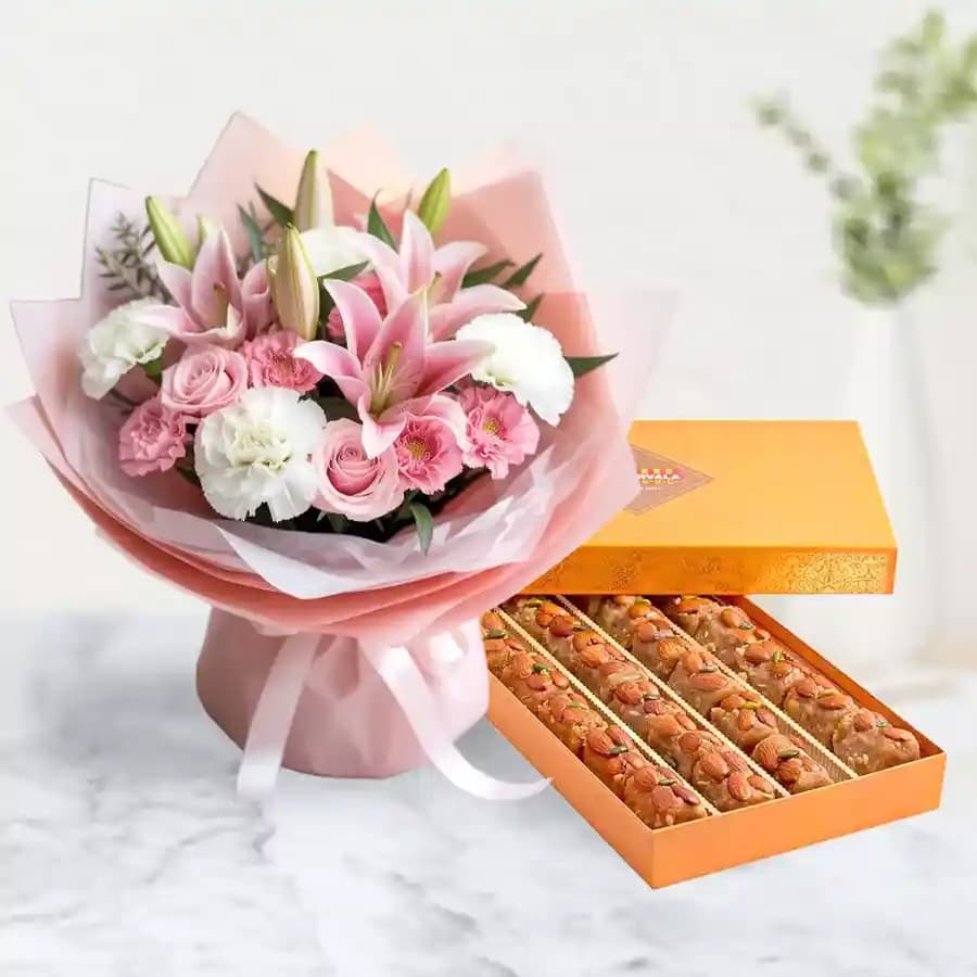 Bikanervala Pinni Special with a Flowers Bouquet