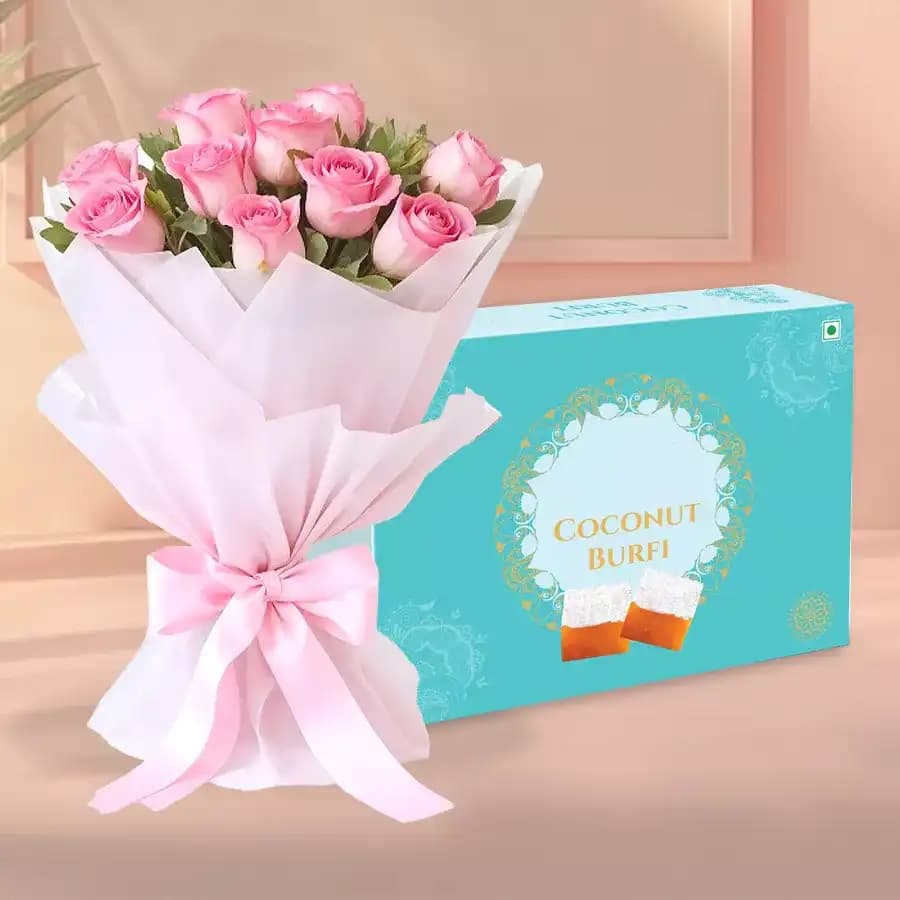 Coconut Burfi with Pink Rose Bouquet