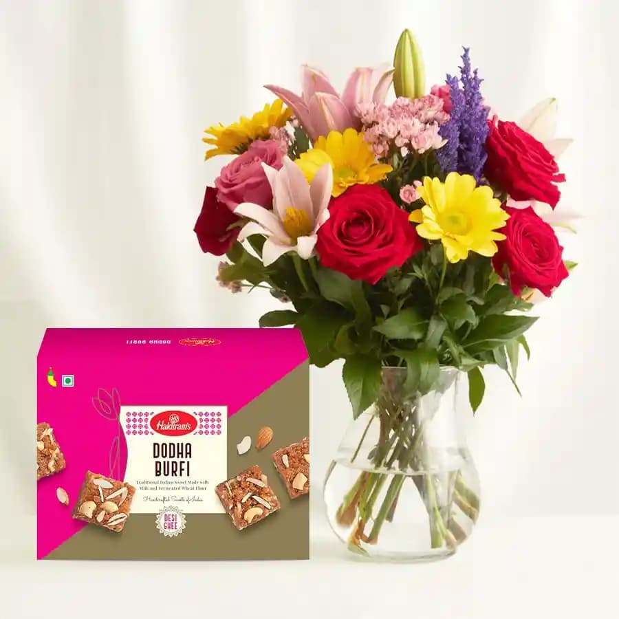 Dhoda Burfi with Mixed Flower Arrangement
