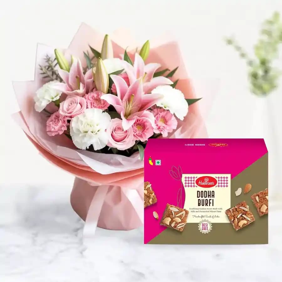 Dhoda Burfi with Flowers Bouquet