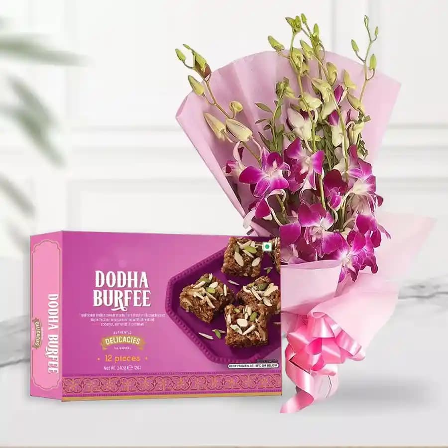 Dhoda Burfi with Orchid Bouquet