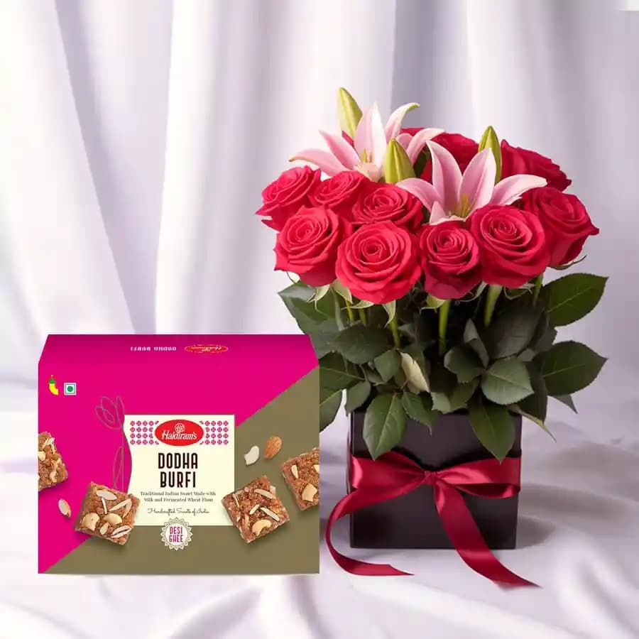 Dhoda Burfi with Designer Flower Arrangement