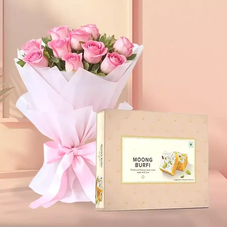Moong Dal Burfi with Pink Rose Bouquet