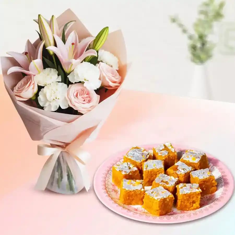 Moong Dal Burfi with Flowers Bouquet