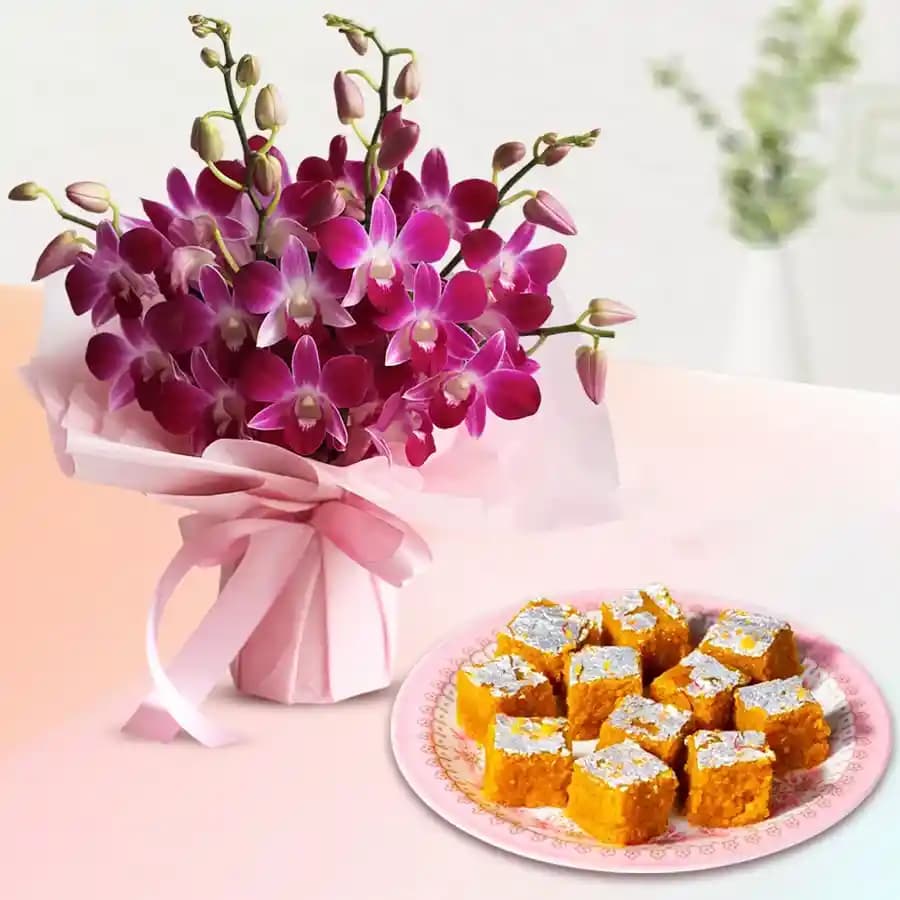 Rich Moong Dal Burfi with Orchid Bouquet