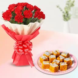 Moong Dal Burfi with Red Carnation Tissue Wrapped Bouquet 1