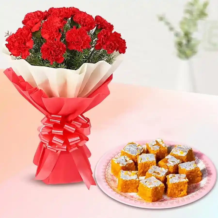 Moong Dal Burfi with Red Carnation Tissue Wrapped Bouquet